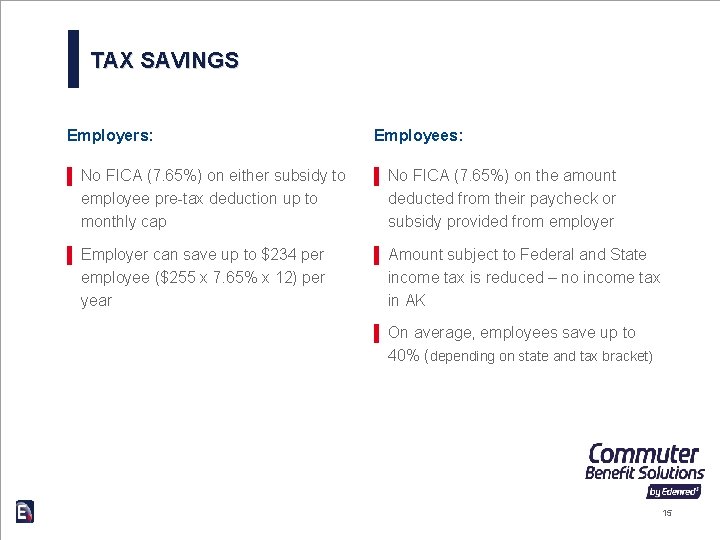 TAX SAVINGS Employers: Employees: ▌ No FICA (7. 65%) on either subsidy to ▌