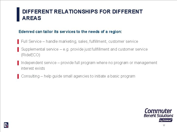 DIFFERENT RELATIONSHIPS FOR DIFFERENT AREAS Edenred can tailor its services to the needs of DIFFERENT RELATIONSHIPS FOR DIFFERENT AREAS Edenred can tailor its services to the needs of