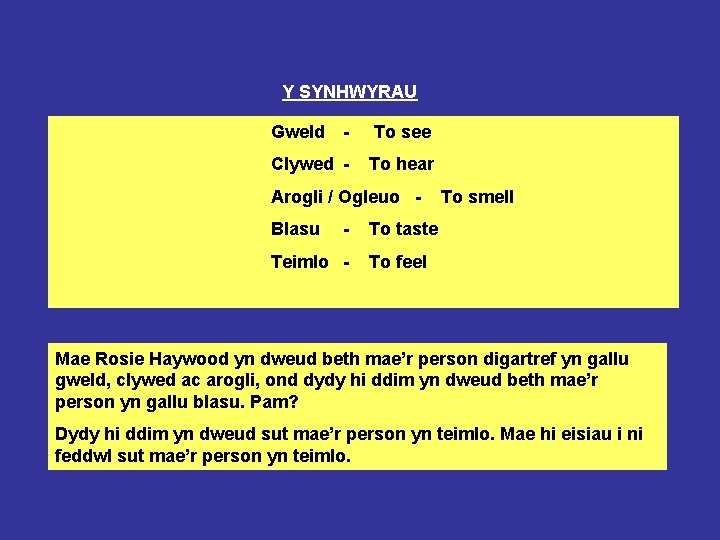 Y SYNHWYRAU Gweld - To see Clywed - To hear Arogli / Ogleuo Blasu