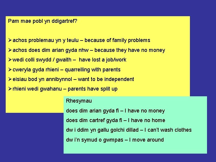 Pam mae pobl yn ddigartref? Øachos problemau yn y teulu – because of family