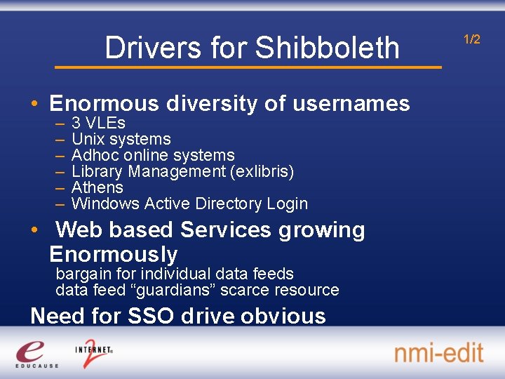 Drivers for Shibboleth • Enormous diversity of usernames – – – 3 VLEs Unix