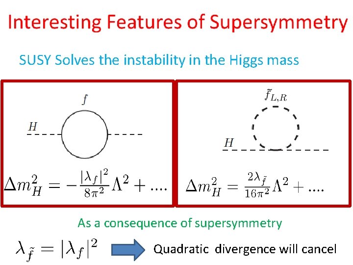 SUSY Solves the instability in the Higgs mass As a consequence of supersymmetry Quadratic