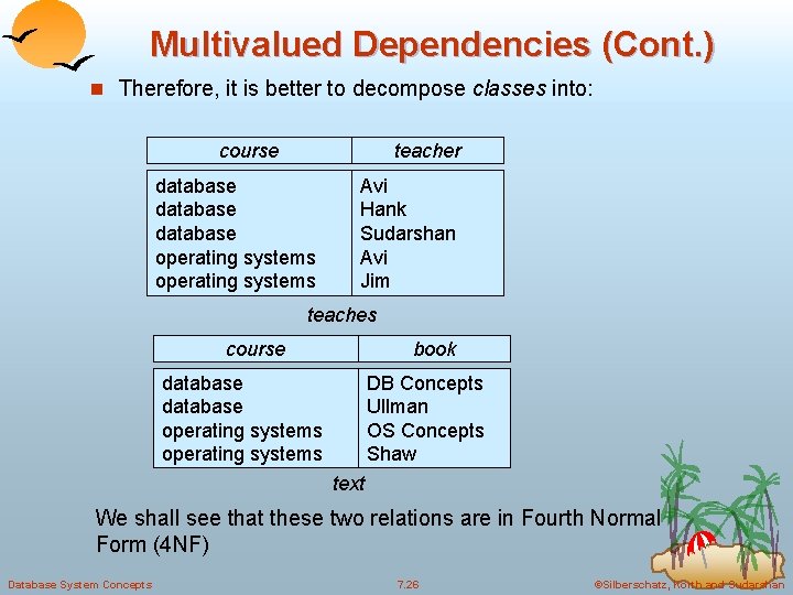 Multivalued Dependencies (Cont. ) n Therefore, it is better to decompose classes into: course Multivalued Dependencies (Cont. ) n Therefore, it is better to decompose classes into: course