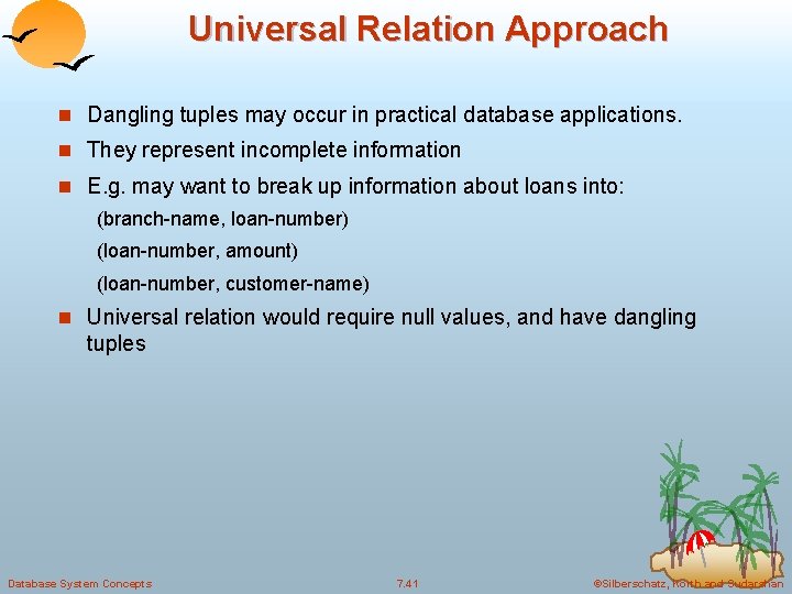 Universal Relation Approach n Dangling tuples may occur in practical database applications. n They Universal Relation Approach n Dangling tuples may occur in practical database applications. n They