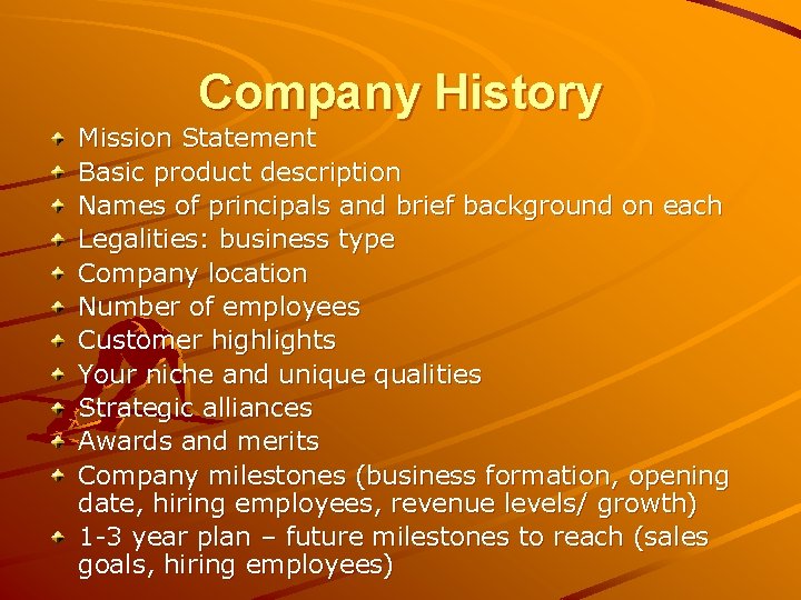 Company History Mission Statement Basic product description Names of principals and brief background on