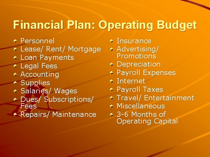 Financial Plan: Operating Budget Personnel Lease/ Rent/ Mortgage Loan Payments Legal Fees Accounting Supplies