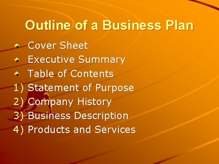 Outline of a Business Plan 1) 2) 3) 4) Cover Sheet Executive Summary Table