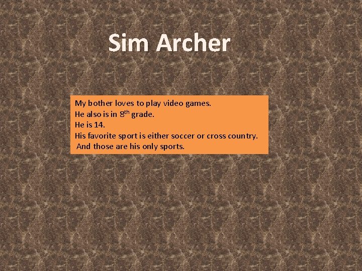 Sim Archer My bother loves to play video games. He also is in 8