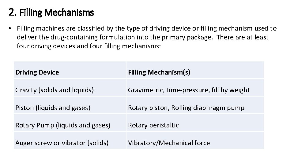 2. Filling Mechanisms • Filling machines are classified by the type of driving device
