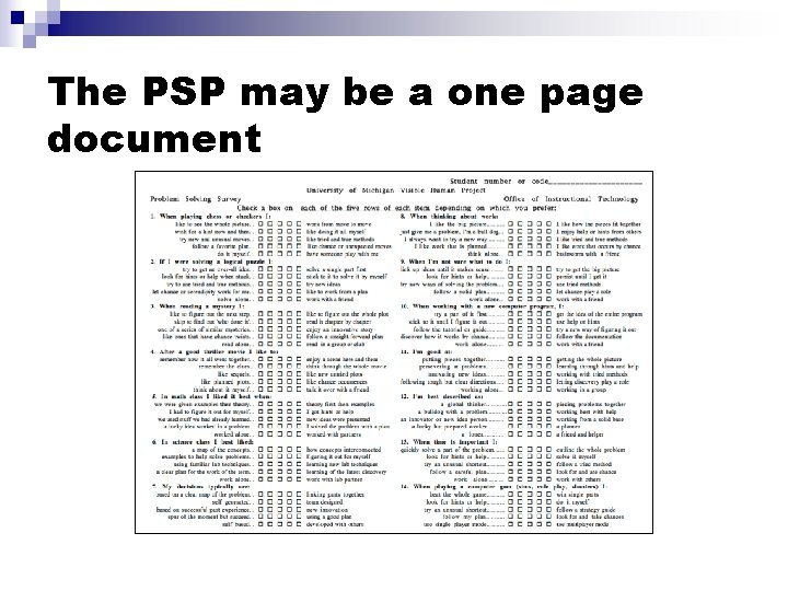 The PSP may be a one page document 