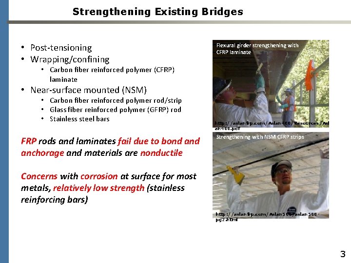 Strengthening Existing Bridges • Post-tensioning • Wrapping/confining Flexural girder strengthening with CFRP laminate •