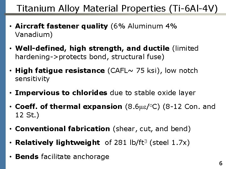 Titanium Alloy Material Properties (Ti-6 Al-4 V) • Aircraft fastener quality (6% Aluminum 4%