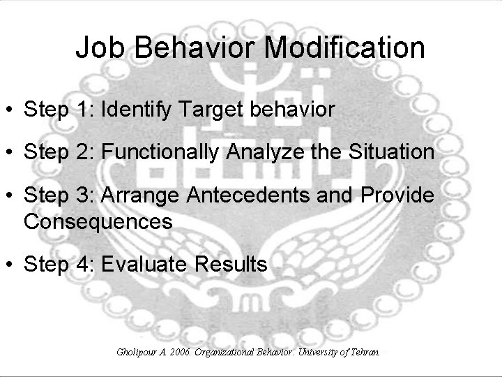 Job Behavior Modification • Step 1: Identify Target behavior • Step 2: Functionally Analyze