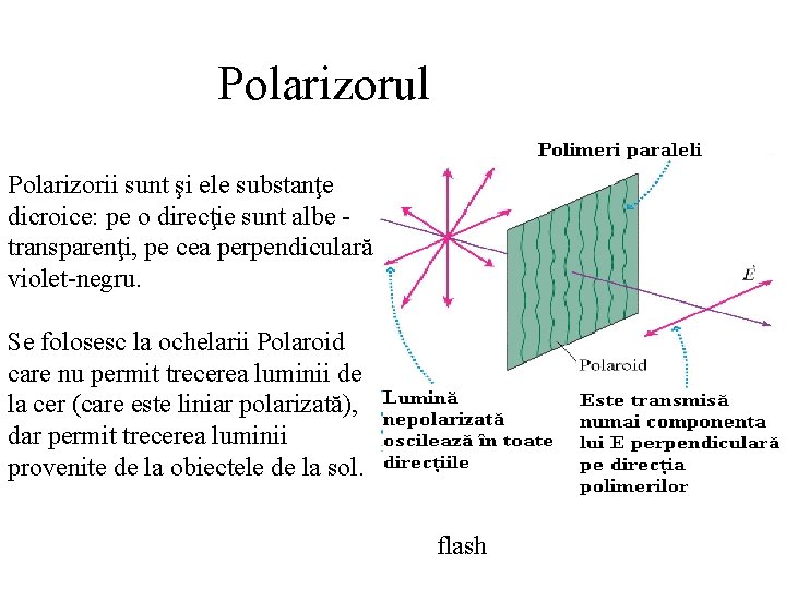 Polarizorul Polarizorii sunt şi ele substanţe dicroice: pe o direcţie sunt albe transparenţi, pe
