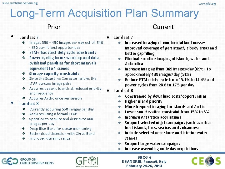 www. earthobservations. org www. gfoi. org Long-Term Acquisition Plan Summary Prior • Landsat 7