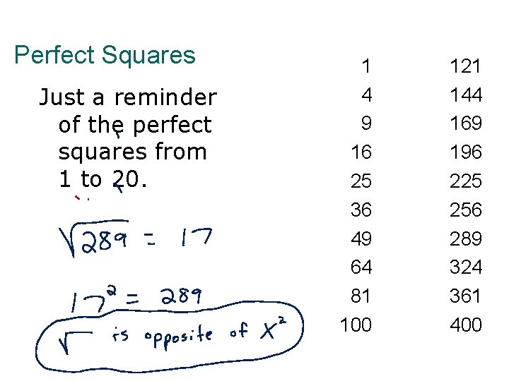 Perfect Squares Just a reminder of the perfect squares from 1 to 20. 1