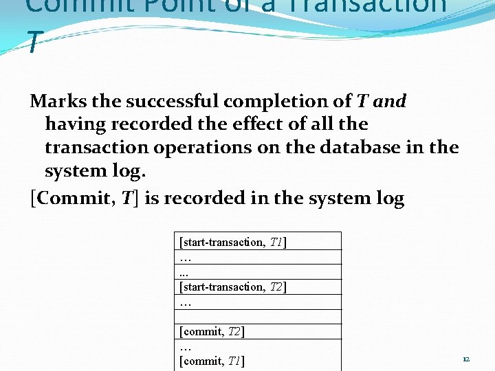 Commit Point of a Transaction T Marks the successful completion of T and having