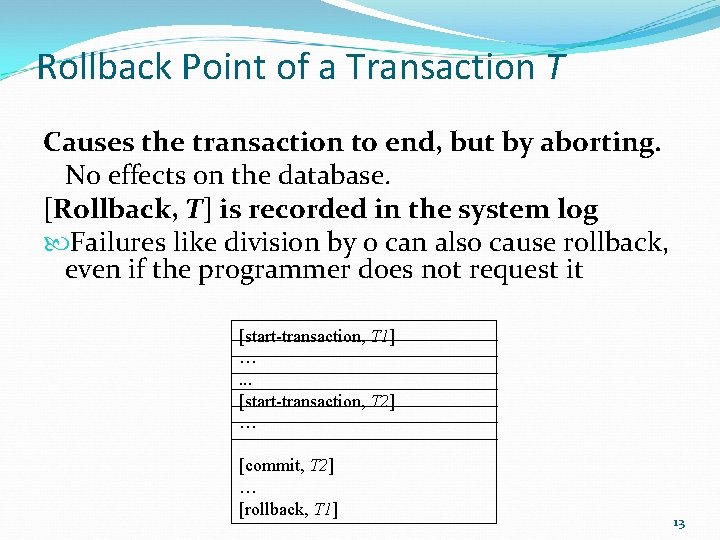 Rollback Point of a Transaction T Causes the transaction to end, but by aborting.