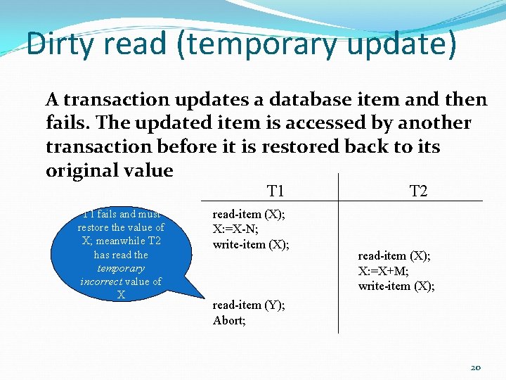 Dirty read (temporary update) A transaction updates a database item and then fails. The