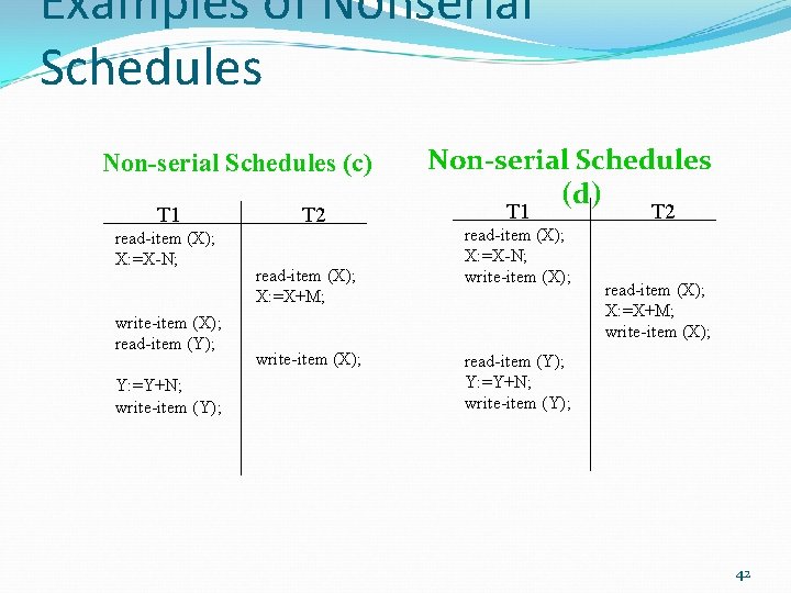 Examples of Nonserial Schedules Non-serial Schedules (c) T 1 read-item (X); X: =X-N; write-item