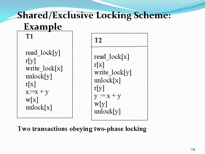 Shared/Exclusive Locking Scheme: Example T 1 read_lock[y] r[y] write_lock[x] unlock[y] r[x] x: =x +