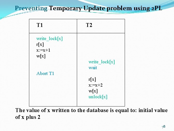 Preventing Temporary Update problem using 2 PL T 1 T 2 write_lock[x] r[x] x: