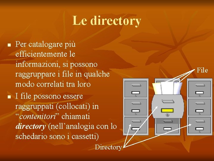 Le directory n n Per catalogare più efficientemente le informazioni, si possono raggruppare i