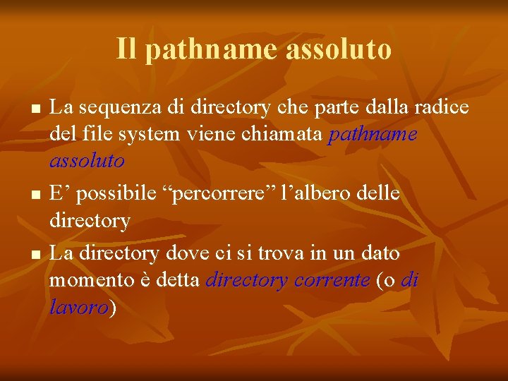 Il pathname assoluto n n n La sequenza di directory che parte dalla radice