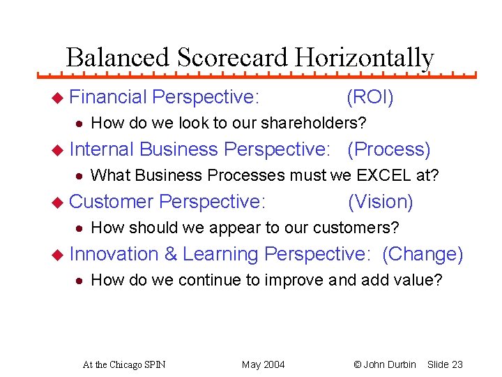 Balanced Scorecard Horizontally u Financial Perspective: (ROI) · How do we look to our