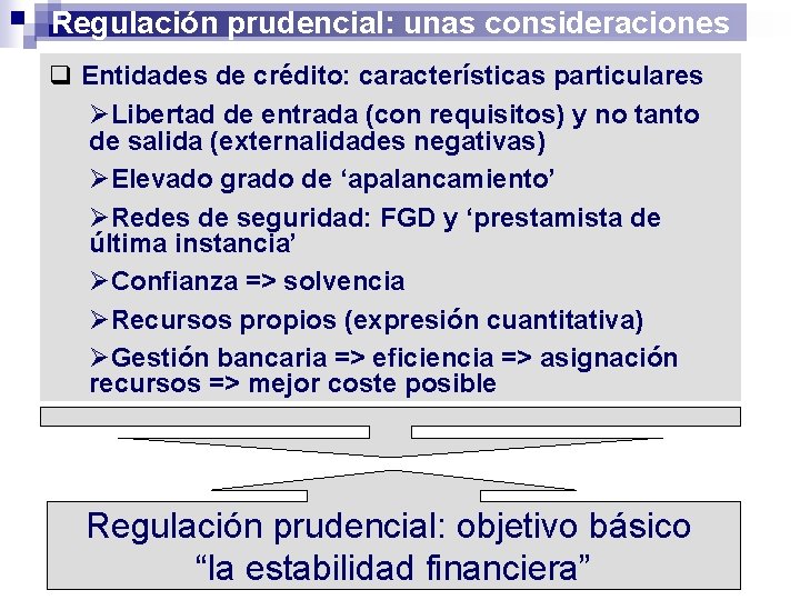 Regulación prudencial: unas consideraciones q Entidades de crédito: características particulares ØLibertad de entrada (con