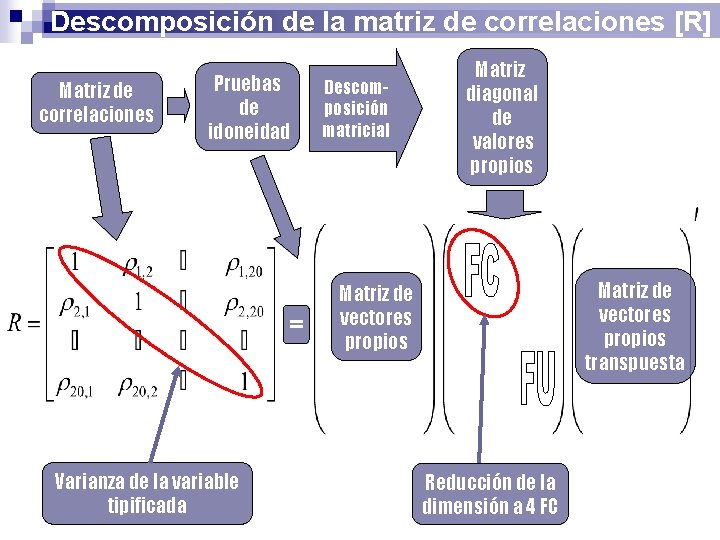 Descomposición de la matriz de correlaciones [R] Matriz de correlaciones Pruebas de idoneidad =