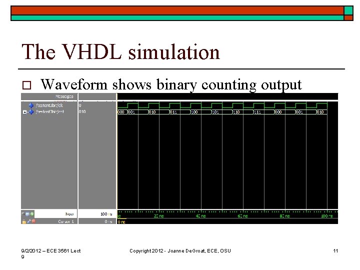 The VHDL simulation o Waveform shows binary counting output 9/2/2012 – ECE 3561 Lect