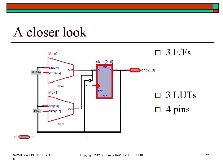 A closer look o 3 F/Fs o 3 LUTs 4 pins o 9/2/2012 –