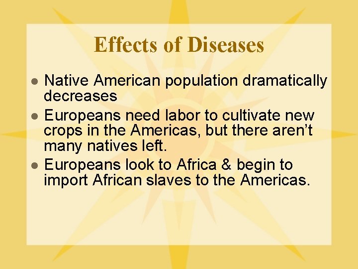 Effects of Diseases l l l Native American population dramatically decreases Europeans need labor