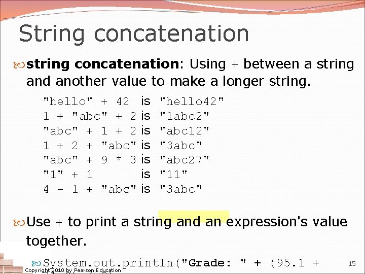 String concatenation string concatenation: Using + between a string and another value to make