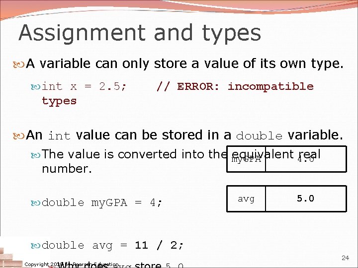 Assignment and types A variable can only store a value of its own type.