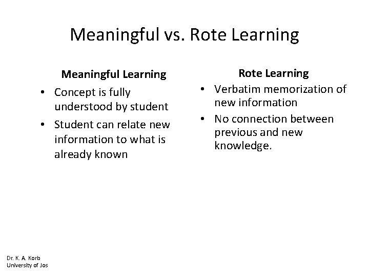 Meaningful vs. Rote Learning Meaningful Learning • Concept is fully understood by student •