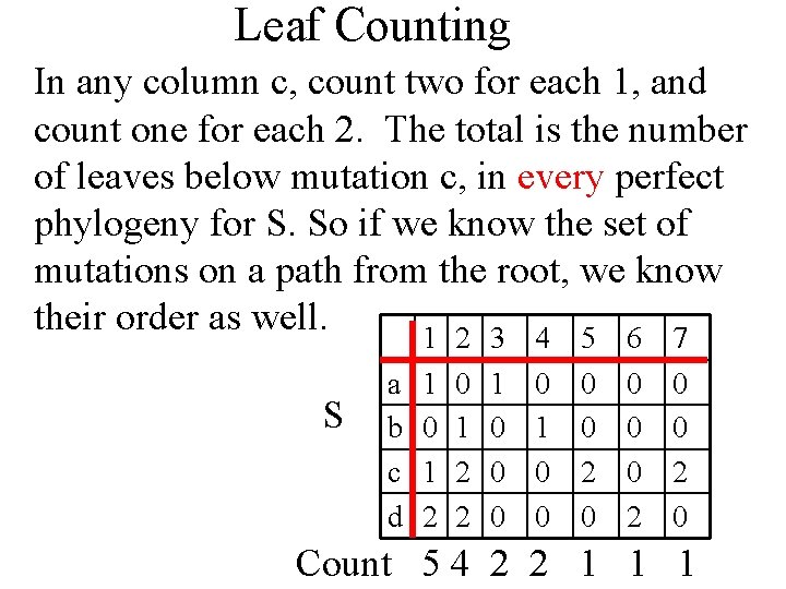 Leaf Counting In any column c, count two for each 1, and count one