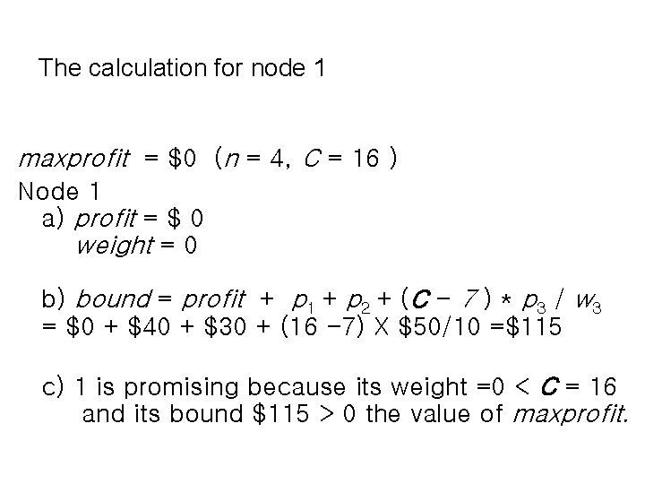 The calculation for node 1 maxprofit = $0 (n = 4, C = 16