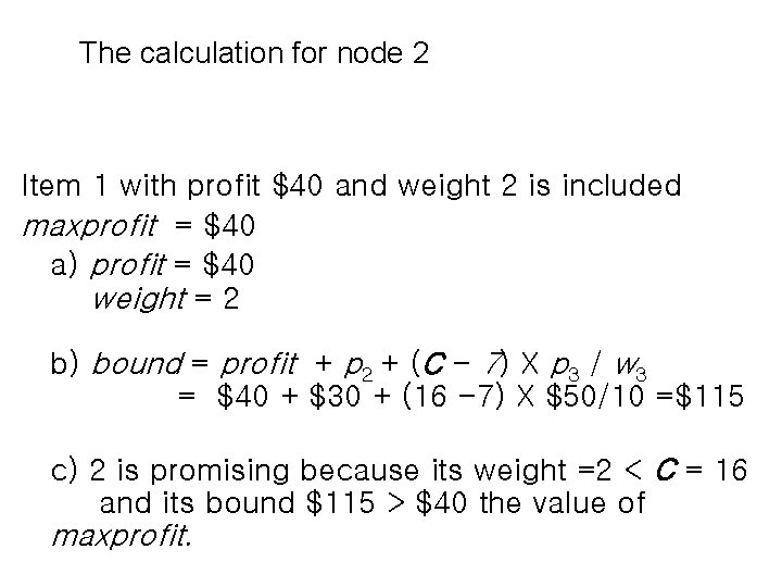 The calculation for node 2 Item 1 with profit $40 and weight 2 is The calculation for node 2 Item 1 with profit $40 and weight 2 is