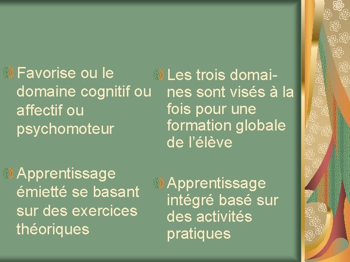 Favorise ou le domaine cognitif ou affectif ou psychomoteur Apprentissage émietté se basant sur