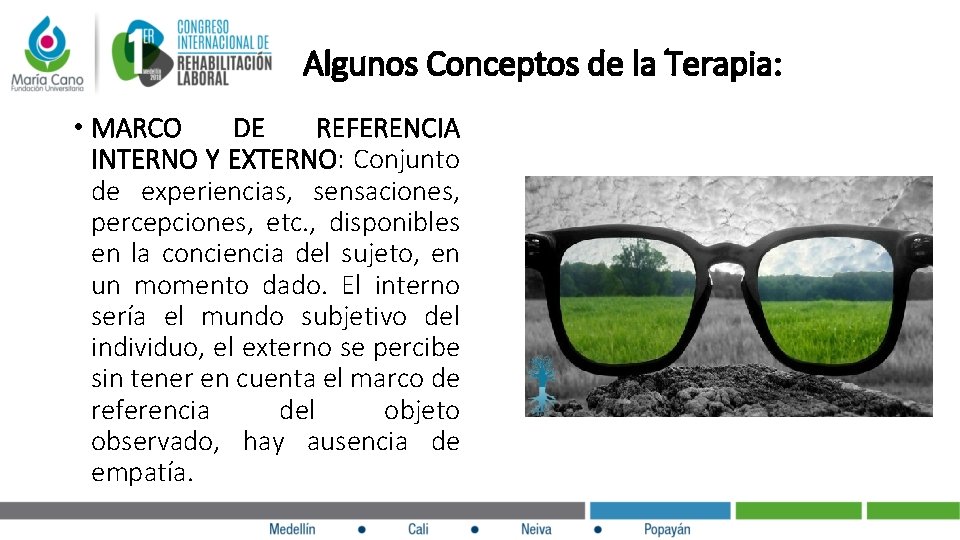  Algunos Conceptos de la Terapia: • MARCO DE REFERENCIA INTERNO Y EXTERNO: Conjunto