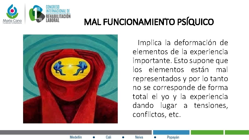  MAL FUNCIONAMIENTO PSÍQUICO Implica la deformación de elementos de la experiencia importante. Esto