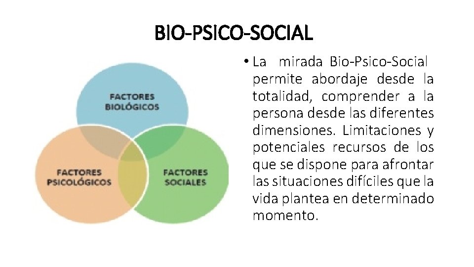 BIO-PSICO-SOCIAL • La mirada Bio-Psico-Social permite abordaje desde la totalidad, comprender a la