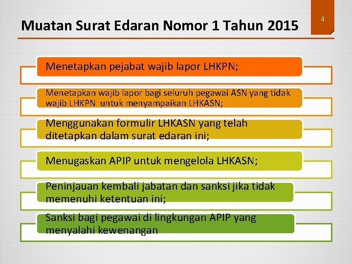 Muatan Surat Edaran Nomor 1 Tahun 2015 Menetapkan pejabat wajib lapor LHKPN; Menetapkan wajib