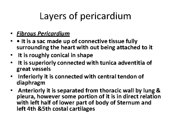 Layers of pericardium • Fibrous Pericardium • • It is a sac made up