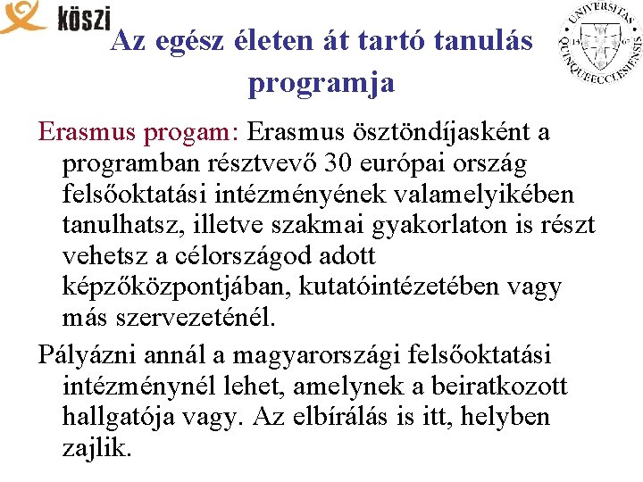 Az egész életen át tartó tanulás programja Erasmus progam: Erasmus ösztöndíjasként a programban résztvevő