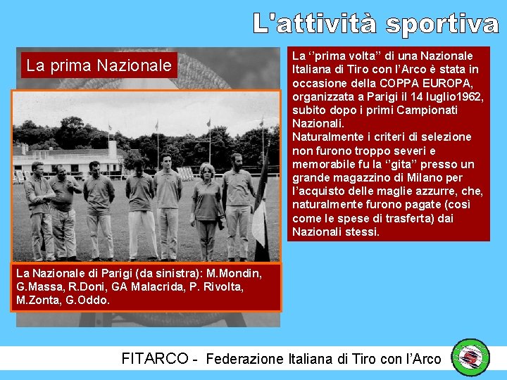 La prima Nazionale La ‘’prima volta’’ di una Nazionale Italiana di Tiro con l’Arco