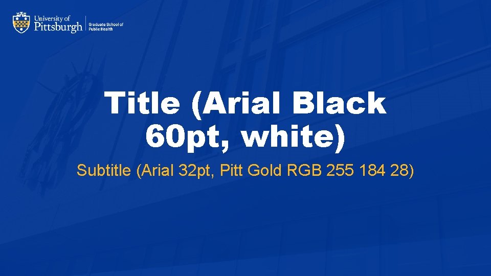 Title (Arial Black 60 pt, white) Subtitle (Arial 32 pt, Pitt Gold RGB 255