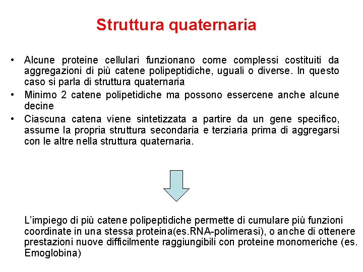 Struttura quaternaria • Alcune proteine cellulari funzionano come complessi costituiti da aggregazioni di più
